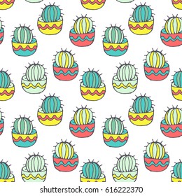 Vector seamless pattern with cactuses, hand drawn sketch with cactuses in flowerpots. Mexican style design with desert succulent