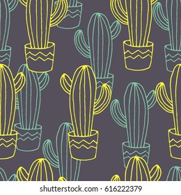 Vector seamless pattern with cactuses, hand drawn sketch with cactuses in flowerpots. Mexican style design with desert succulent