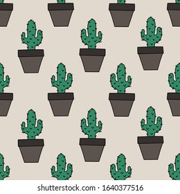 Vector seamless pattern with cactuses in pots; doodle home plants design for fabric, wallpaper, textile, wraping paper, package, web design.