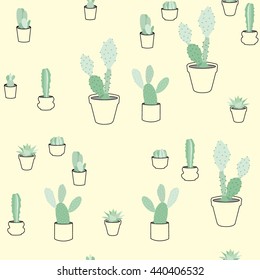 Vector seamless pattern: cactuses in pots.
