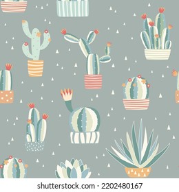 Vector seamless pattern with cactuses and succulents. Exotic summer background. Can be used for print, fabric, textile, wrapping paper etc.