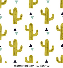 Vector seamless pattern with cactuses and triangles. Modern design for fashion, print, poster, card, textile. Scandinavian style.