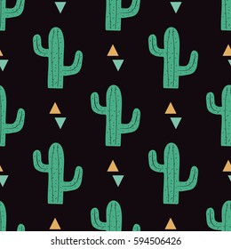 Vector seamless pattern with cactuses and triangles. Modern design for fashion, print, poster, card, textile. Scandinavian style.