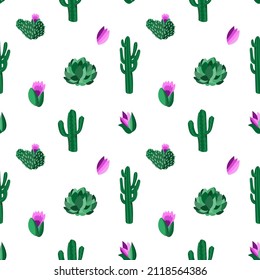 Vector seamless pattern with cactuses,succulents and flowers on white background.Wild west plants,american prairie flower.Design for textile,fabrics,decoration,prints,wild west wrapping paper