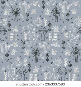 Vector seamless pattern with cactus,palm,bush,pineapple baobab.Tropical jungle cartoon leaf.Pastel plant background.Cute natural pattern for fabric, childrens clothing,textiles,wrapping paper.