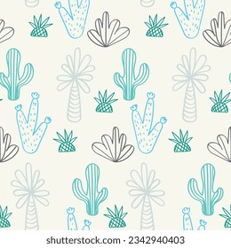 Vector seamless pattern with cactus,palm,bush,pineapple.Tropical jungle cartoon leaf.Pastel plant background.Cute natural pattern for fabric, childrens clothing,textiles,wrapping paper.
