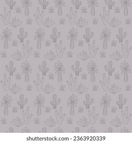 Vector seamless pattern with cactus,palm,bush,pineapple.Tropical jungle cartoon leaf.Pastel plant background.Cute natural pattern for fabric, childrens clothing,textiles,wrapping paper.