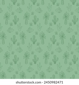 Vector seamless pattern with cactus,palm,bush,pineapple.Tropical jungle cartoon leaf.Pastel plant background.Cute natural pattern for fabric, childrens clothing,textiles,wrapping paper.
