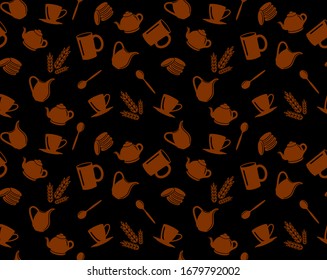 Vector seamless pattern for cafe, restaurant, product from cup with plate, spoon, ear, cookies, jug, cup and teapot of brown on black background.