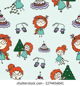 Vector seamless pattern with a cake , little girl ,cat and tree. Perfect for fabric , wrapping , textile and stationary .