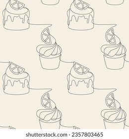 Vector seamless pattern. Cake muffin cupcake line icon background. Cartoon linear dessert backdrop. Outline continuous doodle illustration. Kitchen wallpaper, print, graphic design, card, banner.