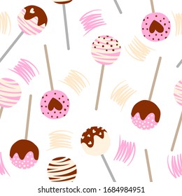 Vector seamless pattern of cake pops with different tastes. Isolated on white. Strawberry, chocolate and vanilla tastes. Sweets background. Cartoon style.