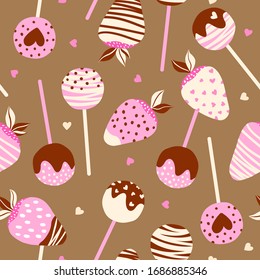 Vector seamless pattern of cake pops with different tastes and strawberries in chocolate. Strawberry, chocolate and vanilla tastes. Sweets background. Cartoon style.