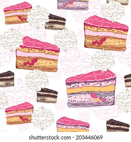 Vector seamless pattern. Cakes.  Breakfast menu design. Banner with cake and  meringue.