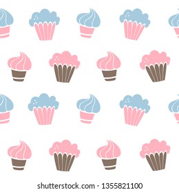 Vector seamless pattern with cakes, cupcakes, muffins in Doodle style, hand drawn style