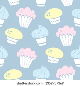Vector seamless pattern with cakes, cupcakes, muffins in Doodle style, hand drawn style. Pastel color
