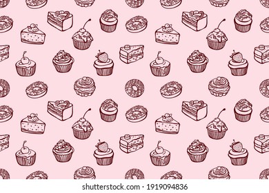 Vector seamless pattern with cakes, cupcakes, pastry. Vintage hand drawn illustration background. Dessert Sweets food.