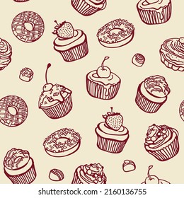 Vector sin fisuras con pasteles, quequitos, caramelos. Esquema detallado del postre, cocción de vacaciones. La comida de postre es dulce. Diseño de impresión para pastelería.