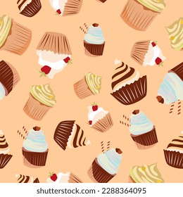 Vector seamless pattern with cakes. Holiday background for birthday party. Backdrop with cupcakes and muffins. Endless texture for kids clothes.