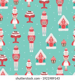 Vector seamless pattern with cakes and nutcrackers.