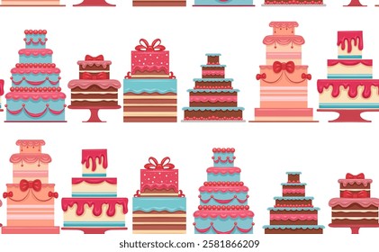 Vector seamless pattern with cakes on horizontal shelves on white background. Birthday and anniversary. Festive wrapping paper with sweet treats in vector flat style