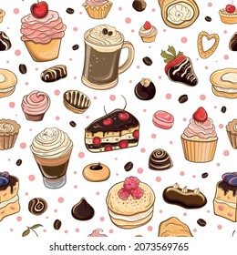 Vector seamless pattern with cakes, pastries and coffee