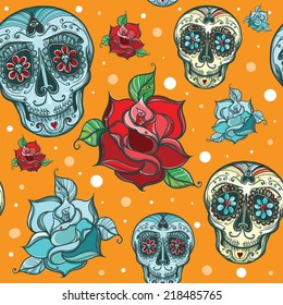 Vector seamless pattern with calavera sugar skull with roses. eps 10