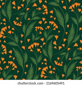 Vector seamless pattern with calendula flowers on stems with foliage on dark green background. Herbal ornament. Botanical floral texture. Fabric swatch with small orange flowers and leaves