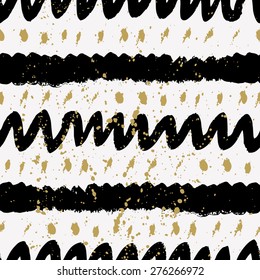 Vector seamless pattern with calligraphic brush strokes and dots. Hand drawn stripes and zigzag. Black, white, gold. Good for wrapping paper, wedding card, birthday invitation, pattern fill, wallpaper