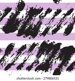 Vector seamless pattern with calligraphic brush smears on striped background. Scandinavian concept design. Use for fashion fabric print, wrapping paper, postcards, wedding and birthday invitations.