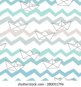Vector seamless pattern with calligraphic brush zigzag strokes and hand drawn paper boats. Good for fashion fabric print, wallpaper, surface texture, birthday an d wedding invitation, postcard.