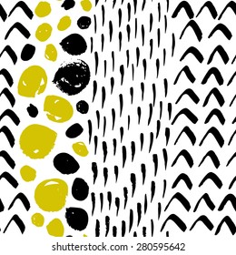 Vector seamless pattern with calligraphic brush strokes, smears and spots. Scandinavian geo style concept. Use for fashion fabric print, wedding and birthday card, wallpaper, web page background.