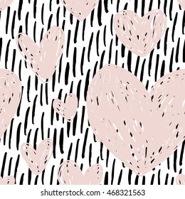 Vector seamless pattern with calligraphic brush strokes and hand drawn hearts.
