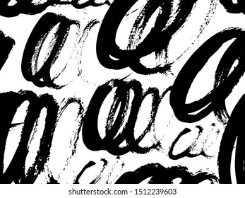 Vector seamless pattern with calligraphic hand drawn brush strokes, dots and dash.  Black and white, monochrome. Good for wrapping paper, invitation card, pattern fill, wallpaper, video blog corer