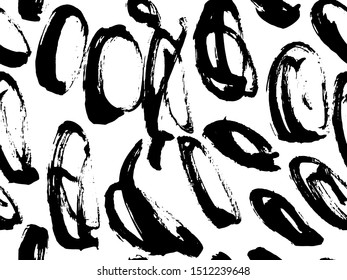 Vector seamless pattern with calligraphic hand drawn brush strokes, dots and dash.  Black and white, monochrome. Good for wrapping paper, invitation card, pattern fill, wallpaper, video blog corer