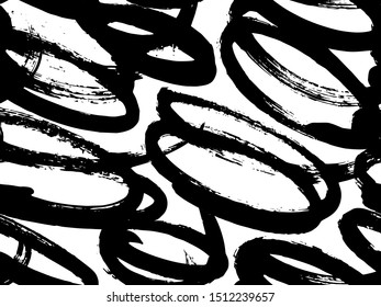 Vector seamless pattern with calligraphic hand drawn brush strokes, dots and dash.  Black and white, monochrome. Good for wrapping paper, invitation card, pattern fill, wallpaper, video blog corer
