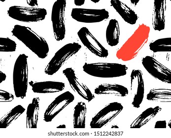 Vector seamless pattern with calligraphic hand drawn brush strokes, dots and dash.  Black, white and red. Good for wrapping paper, invitation card, pattern fill, wallpaper, video blog cover.