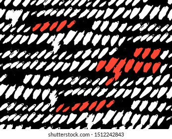 Vector seamless pattern with calligraphic hand drawn brush strokes, dots and dash.  Black, white and red. Good for wrapping paper, invitation card, pattern fill, wallpaper, video blog cover.