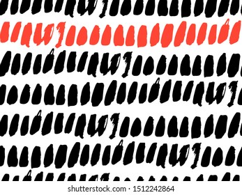 Vector seamless pattern with calligraphic hand drawn brush strokes, dots and dash.  Black, white and red. Good for wrapping paper, invitation card, pattern fill, wallpaper, video blog cover.