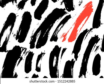 Vector seamless pattern with calligraphic hand drawn brush strokes, dots and dash.  Black, white and red. Good for wrapping paper, invitation card, pattern fill, wallpaper, video blog cover.