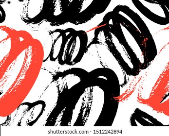 Vector seamless pattern with calligraphic hand drawn brush strokes, dots and dash.  Black, white and red. Good for wrapping paper, invitation card, pattern fill, wallpaper, video blog cover.