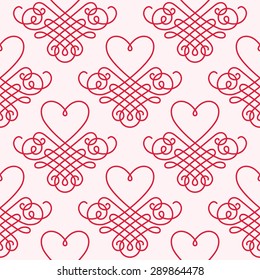 Vector seamless pattern with calligraphic heart. Greeting background Valentine's day. Original decorative pink illustration for print, web