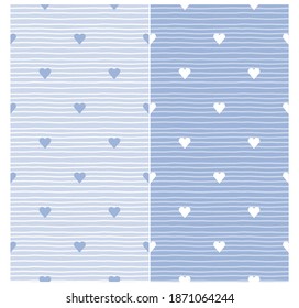 Vector seamless pattern with calm subtle design for boys nursery room. Background with uneven thin lines and hearts.