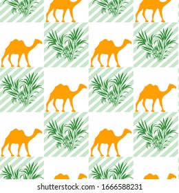 Vector Seamless pattern with camel and plant. Wildlife Animal Green natural trendy background. Design for wrapping, fabric, print