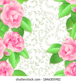 Vector seamless pattern. Camellia - a branch with a flowers and leaves. Exotic flower on a light background. Use printed materials, signs, objects, sites, maps.