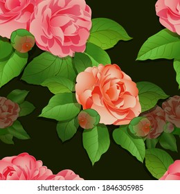 Vector seamless pattern. Camellia - a branch with a flowers and leaves. Exotic flower on a dark background. Use printed materials, signs, objects, sites, maps.