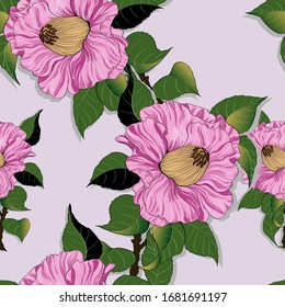 Vector seamless pattern. Camellia - branches with flowers and leaves. Exotic flower on a light background. Use printed materials, signs, objects, sites, maps.