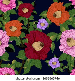 Vector seamless pattern. Camellia - branches with flowers and leaves. Exotic flower on a light background. Use printed materials, signs, objects, sites, maps.