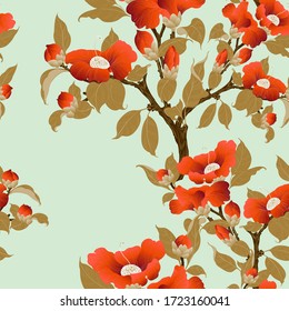 Vector seamless pattern. Camellia - branches with flowers and leaves. Exotic flower on a light background. Use printed materials, signs, objects, sites, maps.