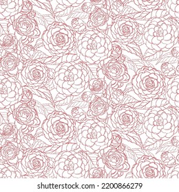 Vector seamless pattern of camellia flowers pink outline with leaves,blooming flowers of various sizes,botanical texture,hand drawn floral,on white,Colorful flowers,Beautiful patterns of nature.